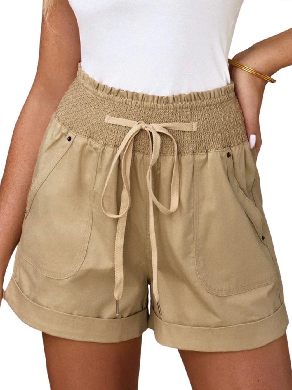 Tan Smocked-Waist Drawstring Shorts